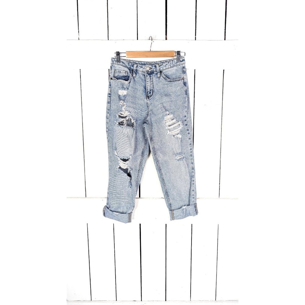 90s distressed destroyed blue high rise  jeans